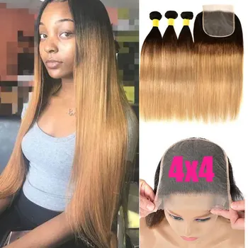 

Honey Blonde Ombre Straight Hair Bundles With Closure Ombre Human Hair 3 Bundles With Closure Remy Brazilian Hair Weave Bundles