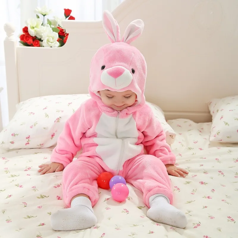 Осенние детские ползунки с дизайном «животные» боди для новорожденных пижамные комплекты зимняя одежда с капюшоном на Хэллоуин Карнавальный Костюм 11,11 распродажа - Цвет: pink rabbit