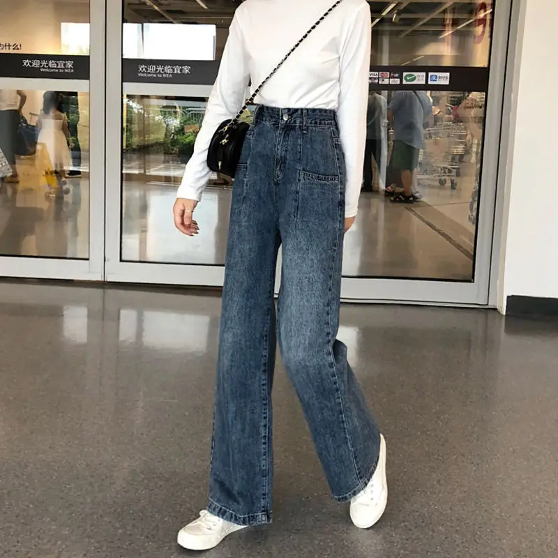 

Denim Pants Wide Leg Women Jeans Straight Bleached Girls High Waist Washed Pockets Full Length Trousers 2020 Spring Autumn