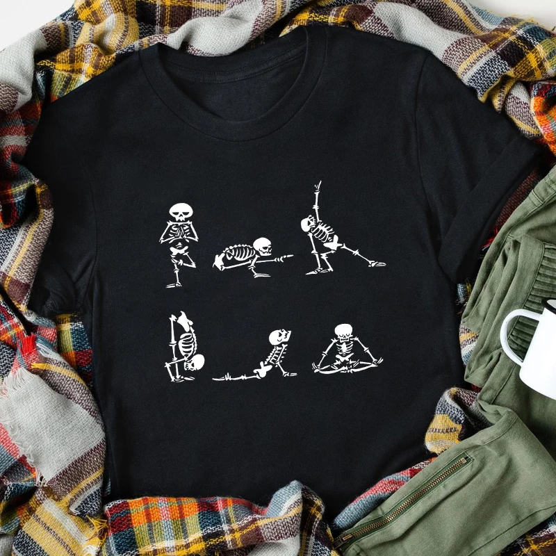 

Футболка для Хэллоуина, йоги, скелета, забавная Женская футболка для тренировок в тренажерном зале, пугающая праздничная подарочная футболка, топ, футболка