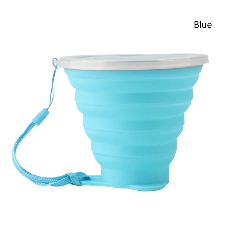 Складная кружка с шнурком прозрачный чехол от пыли из нержавеющей стали силиконовые складные деформируемые чашки легко для хранения переноски - Цвет: Синий