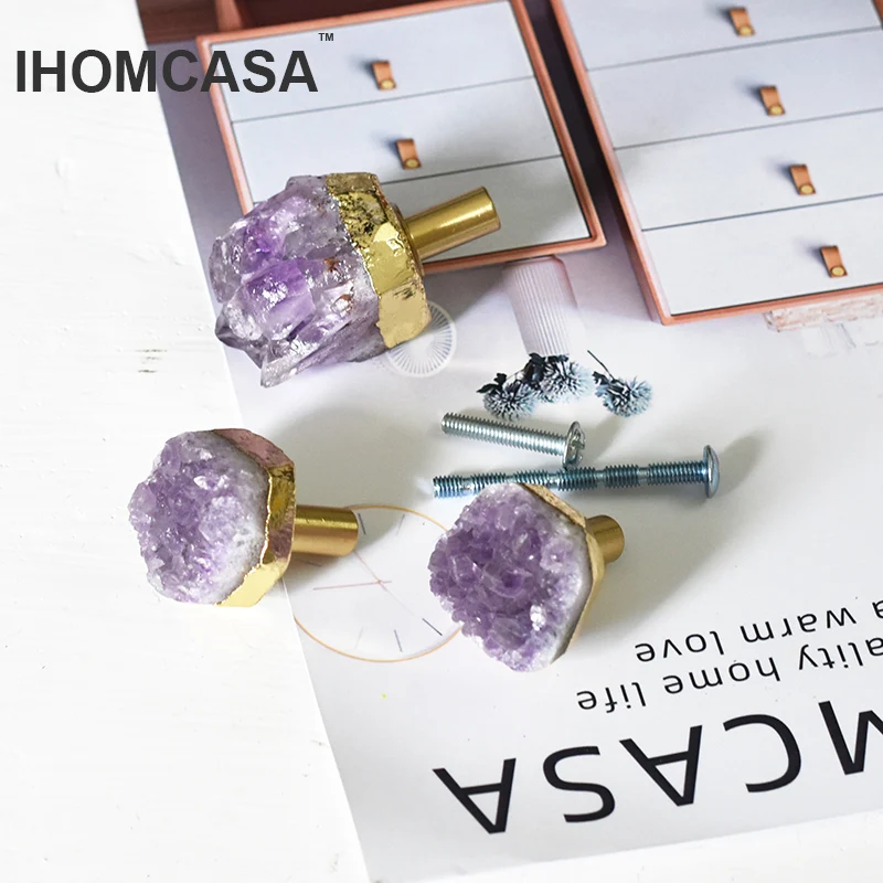 

IHOMCASA natural agate purple crystal handle brass drawer furniture bathroom cabinet door knobs cupboard wardrobe pull handles
