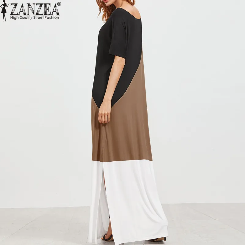 ZANZEA, женское Лоскутное Длинное Макси платье, повседневное, короткий рукав, Vestidos, элегантное, с круглым вырезом, Пляжное, для вечеринки, сарафан, кафтан, халат для женщин