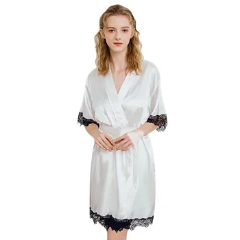 

New Women Satin Short Robe Solid Robe Kimono Sexy Lace Trim Bathrobe Sleepwear Bride Bridesmaid Sleepwear Patchwork Pajamas 8.26