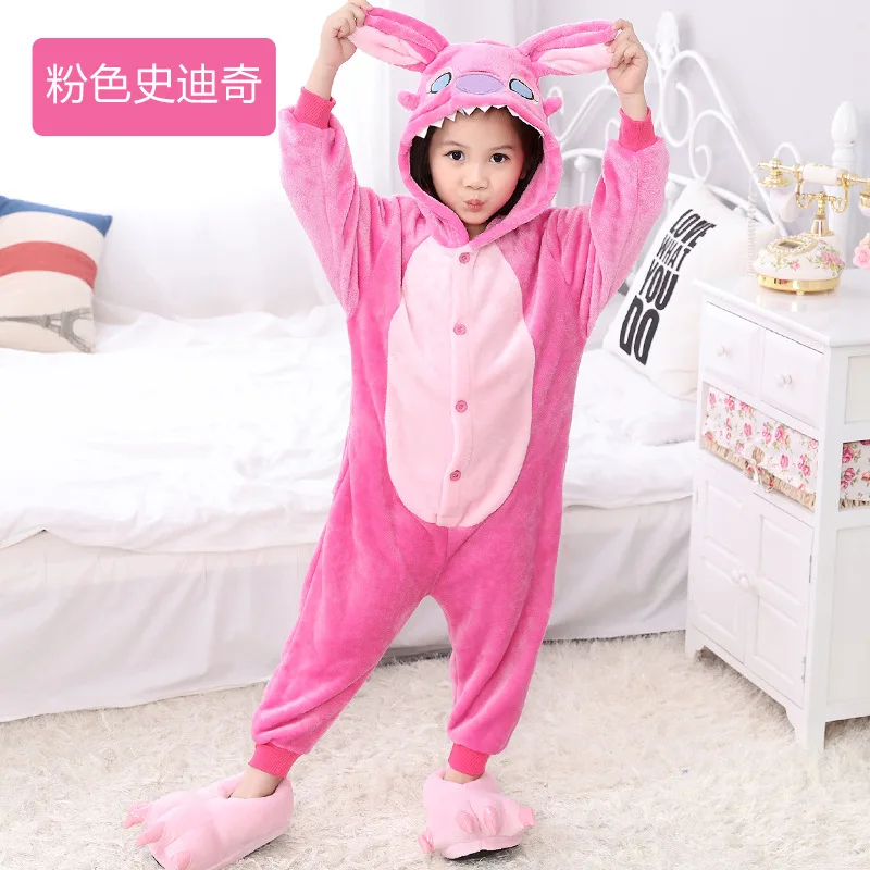 Pink stitch Зимняя Пижама Кигуруми для мальчиков и девочек, комбинезон с единорогом, мультяшным животным, детская одежда для сна, фланелевый комбинезон, детская пижама с капюшоном - Цвет: Pink stitch