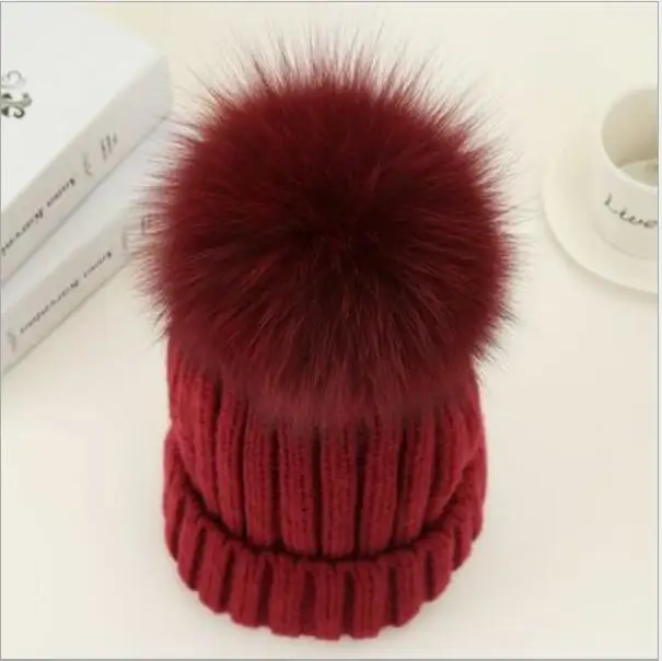 Бургундия Always classic Woman Hat Natural Fox Fur Ball Knitted Ladies Winter Hat Wool Thread Knit Warm Women's Beanies - Цвет: Бургундия