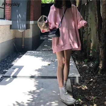 

Hoodies Women Thicker Simple All-match Colorful Hooded Solid Simple All-match Korean Style Pockets Leisure Womens Female Fashion