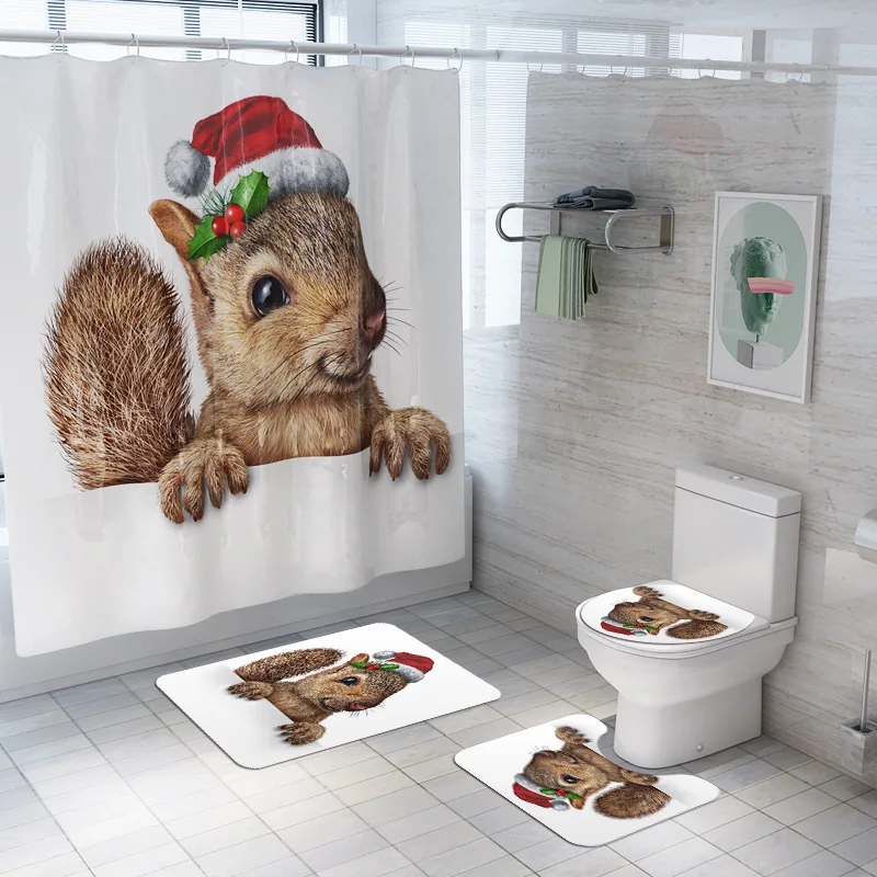 

Squirrel 3D Bath Curtains Waterproof Polyester Fabric Washable Bathroom Christmas Shower Curtain Non-Slip Carpets Mat Set