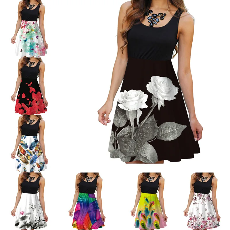

Summer Dress Women Sleeveless Plus Size Sundress Casual Ladies Dresses Womens Clothing Butterfly Fashion Flower Top Selling 2020