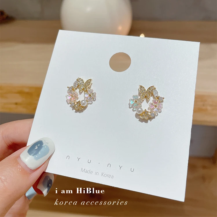 Korean new design fashion jewelry 14K gold plating zircon shell flower butterfly earrings elegant women’s wedding accessories