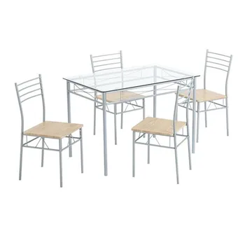 

[110 x 70 x 76cm] Iron Glass Dining Table and Chairs Silver One Table and Four Chairs MDF Cushion Table For Living Room Kitchen