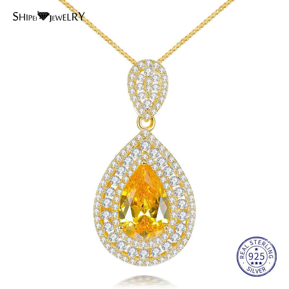 Shipei Sterling Silver Fine Jewelry Ruby Emerald Sapphire Water Drop Pendant Necklace for Women Anniversary Gift - Цвет камня: YellowGold-Yellow