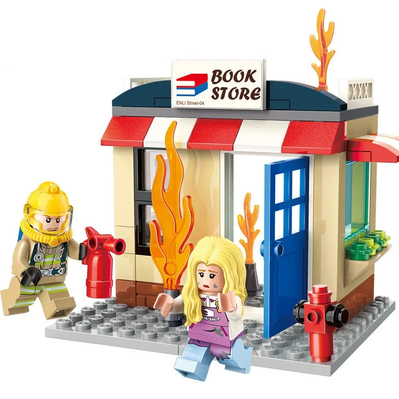 Серия «город в огне» пожарная станция книжный магазин пожаротушения спасательные строительные блоки наборы детские комплекты Игрушки совместимы