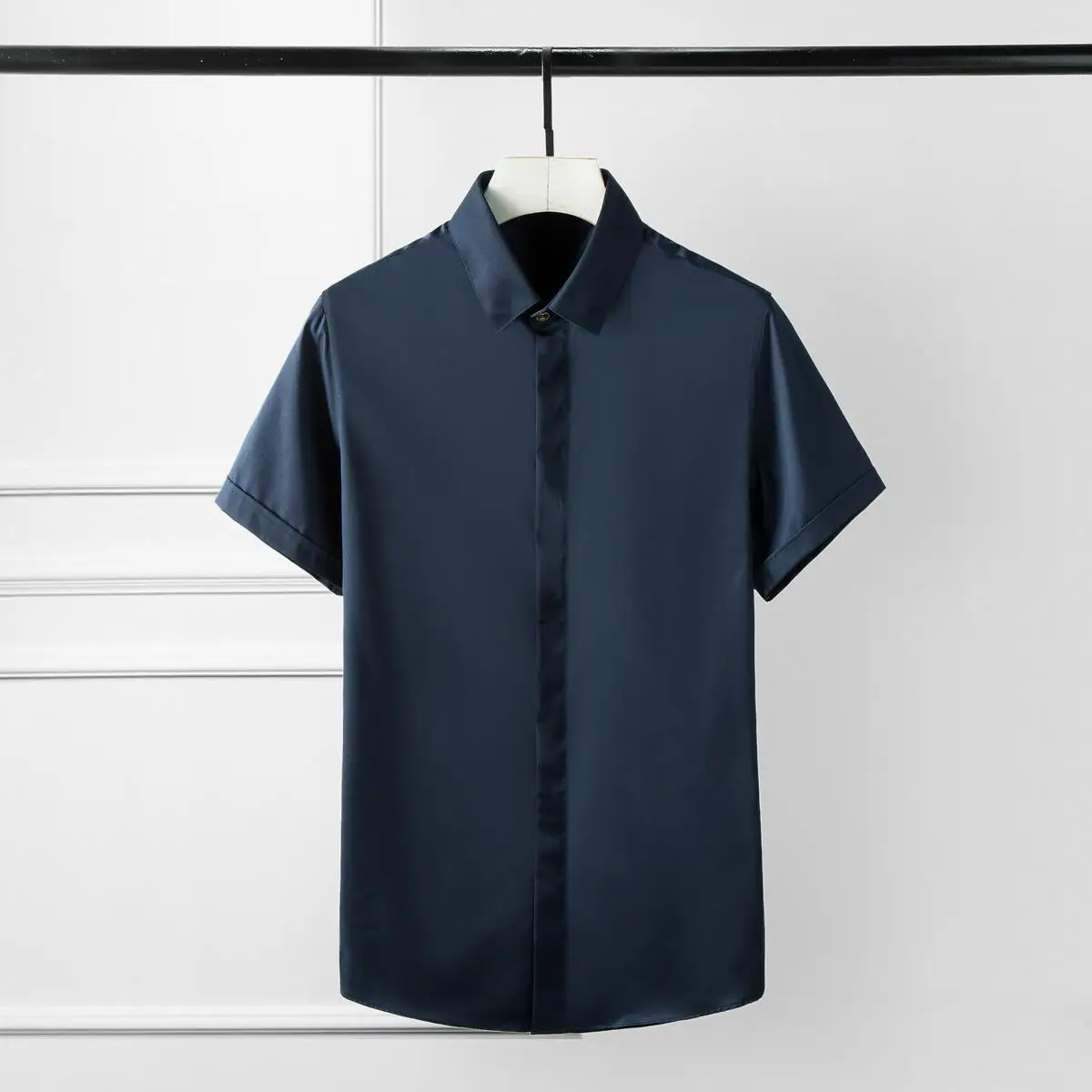 Мужские рубашки Роскошные однотонные мужские рубашки с коротким рукавом Camisa Masculina размера плюс 3xl 4xl повседневные облегающие мужские рубашки - Цвет: NAVY