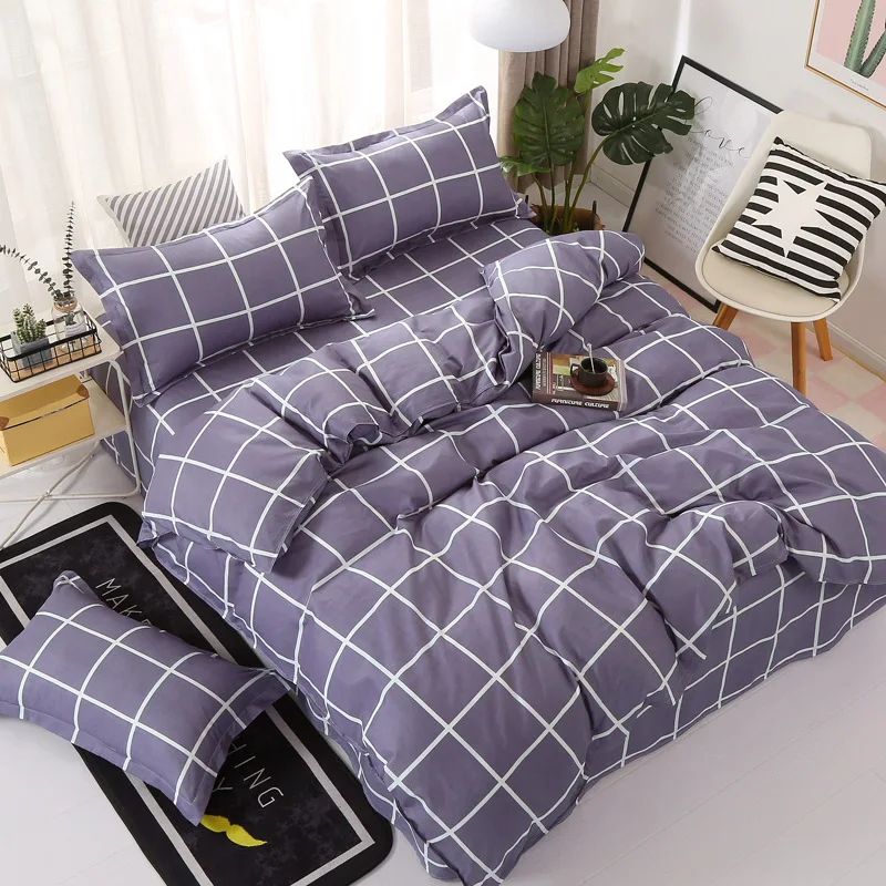Pure Color Plaid Printed Bedding Sets 4pcs 100% Polyester Bedding Sets Duvet Cover Bed Sheet Bed Clothes with Pillowcases