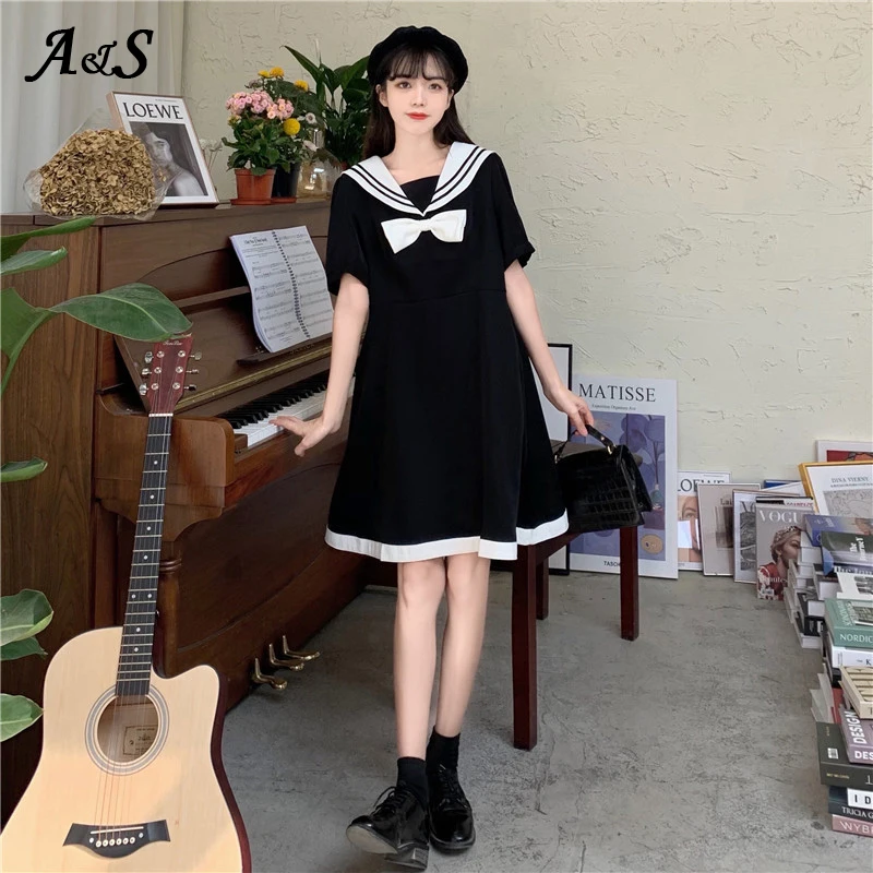 Women's Japanese Lolita Mini Dress, Harajuku, Sailor Collar, Large Size, Bow-knot Girl, Retro, Defined Waist, Loose, Retro