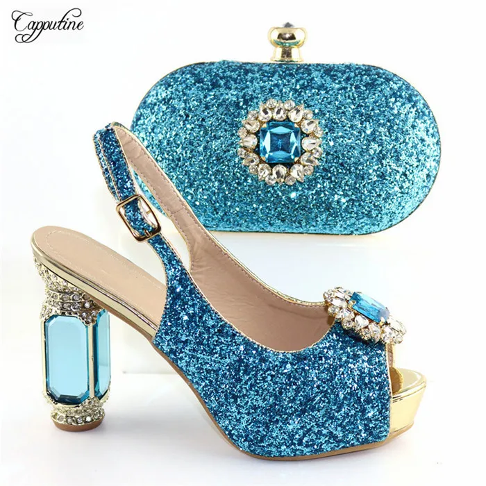 

New fashion sky blue high heel sandals and purse latest shoes with clutch bag sets for party CR166, heel height 11.5cm
