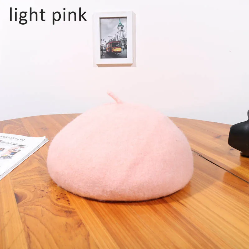 light pink Зимний шерстяной берет, женские шапки в стиле художника, винтажная Женская кепка, теплая прогулочная Кепка - Цвет: light pink