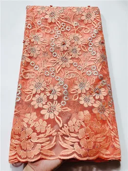 

Peach African tulle lace cloth embroidery French net lace fabric for sewing dress VNH36(5yards/lot)