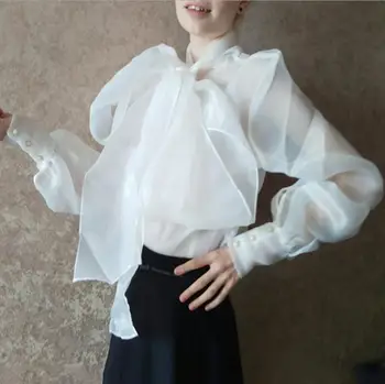 

2020 Spring Organza Blouse Women Loose Puff Sleeve White Shirt Blouse Casual Bandage Tops Female r640