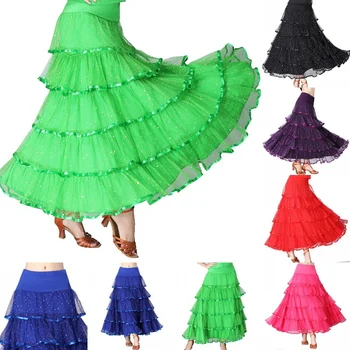 

Z Women Solid Sequined Polka Dot Pleated Skirt Ballroom Dance Modern Dance Long Swing Dress Costume Ankle-Length Dance Skirt