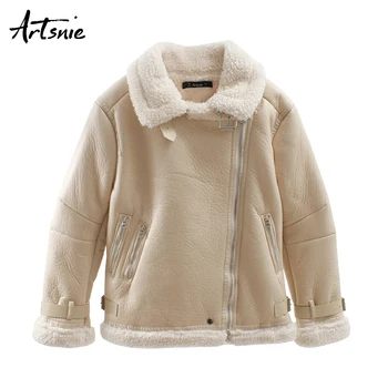 

Artsnie winter 2019 leather faux women jacket turn down collar long sleeve fleece coats streetwear casual fur warm thick coats