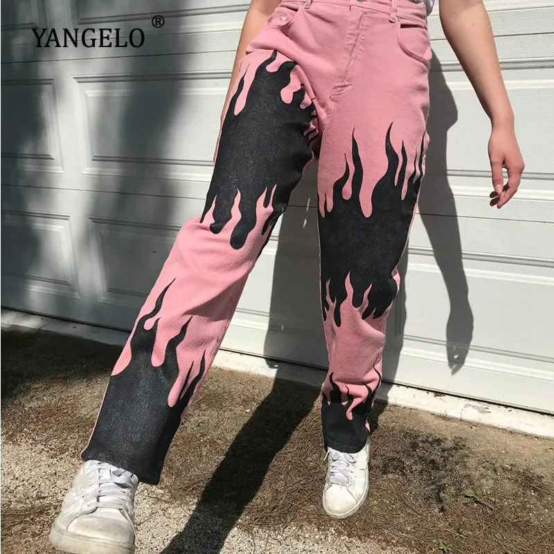 

Yangelo Women Pants Casual Style High Woven Trousers Streetwear Straghit Painted Pink Flame Pattern Pants For Autumn Winter