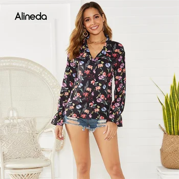 

2020 Autumn flared sleeves chiffon shirt women long sleeve print shirt