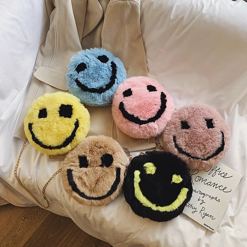 

2019 New Style Winter Plush Smiley Small round Bag Simple Shoulder Women's Bag