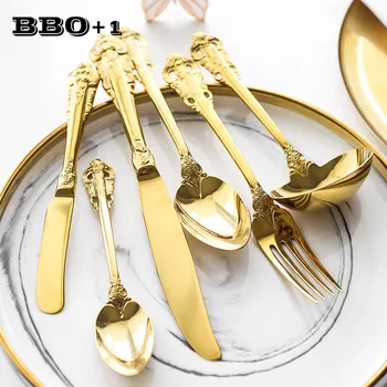 

12pcs Retro Stainless Steel Flatware Luxury Gold Dinnerware set Wedding Festival Christmas Party Tableware Knife Fork Spoon set