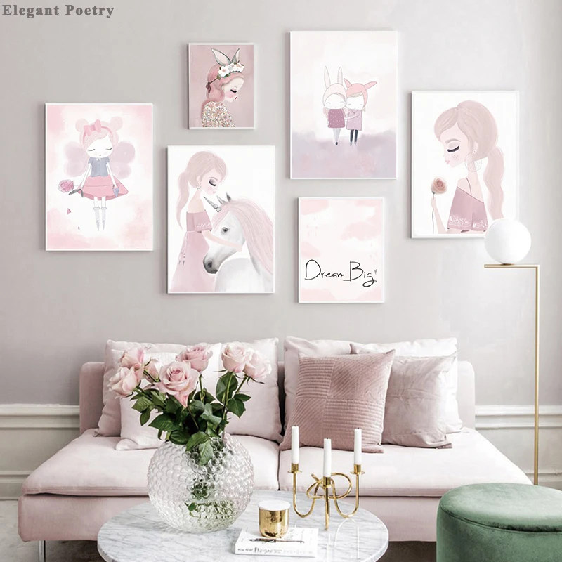 Nursery Wall Art Canvas Poster Print Pink Girl Princess Unicorn Horse Swan Painting Nordic Decoration Picture Kids Bedroom Decor