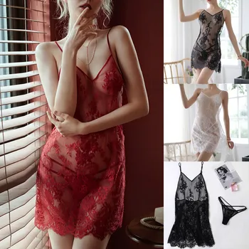 

Lace Deep V-neck Nightdress Sexy Lingerie Women's Nighgown Sleepwear Multi-color Perspective Pajamas Mesh Dress Shorts Set Fe4