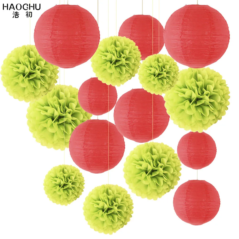 Red Green 16 шт./компл. "-12" Золотые Цветочные шары из бумаги Pom Poms бумажные фонарики на день рождения елочные игрушки Рождественские украшения для дома - Цвет: Red Green