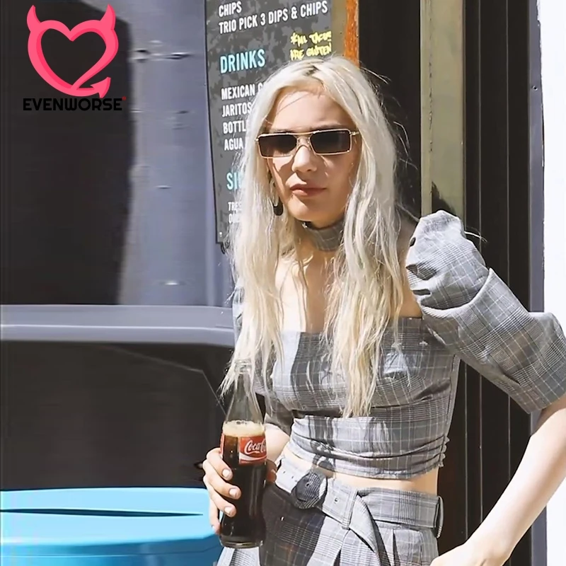 

Evenworse Short Sleeve Checked Shirt Woman Fashion 2020 Spring Summer Back Zipper Slim Square Neck Crop Tops Streetwear Blouse