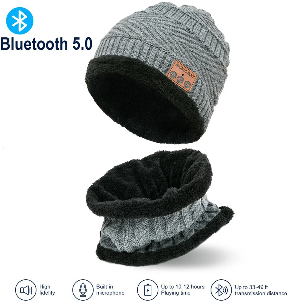 Модная шапка бини V5.0+ EDR Bluetooth, комплект из 2 предметов, зимняя шапочка-шарф, теплая вязаная шляпа, толстая вязаная шапка для мужчин и женщин - Цвет: Серый