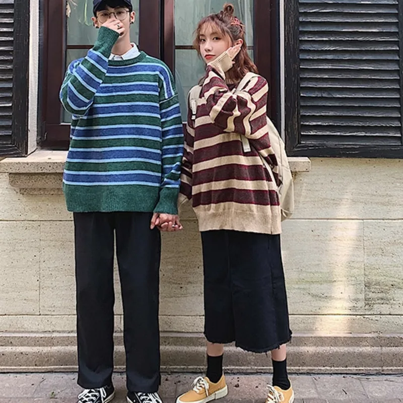 Autumn New Striped Sweater Men Fashion Contrast Color Casual Knit Sweter Streetwear Wild Loose Long-sleeved Pullover Men Clothes