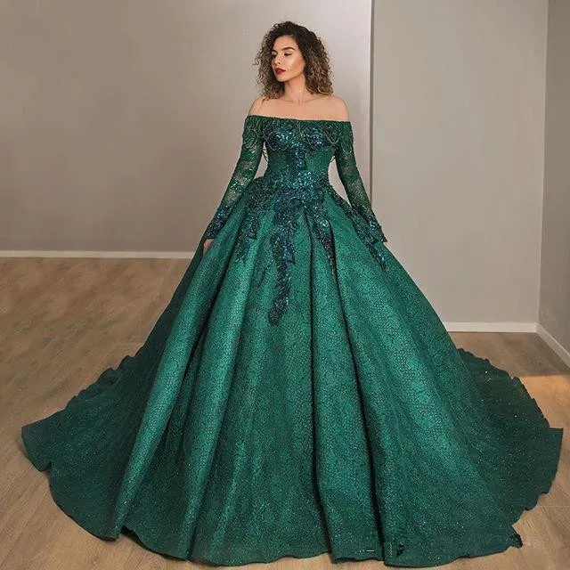 

Luxury Dark Green Prom Dress Beaded Off The Shoulder Lace Appliqued Long Sleeve Classic Arabic Celebrity Formal Evening Gowns