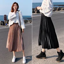 Осень Женская длинная металлическая Серебряная плиссированная юбка макси миди юбка высокая талия Elascity Повседневные Вечерние юбки