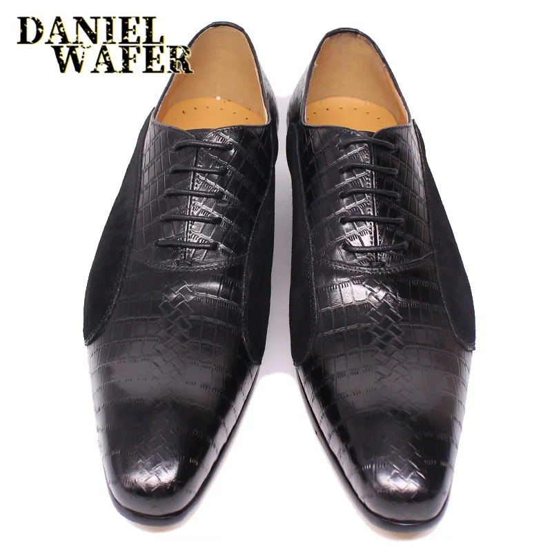 Luxury New Fashion Oxford Man Dress Shoe Lace up Pointed Toe Coffee Black Office Wedding Shoes Suede Patchwork Leather Men Shoes