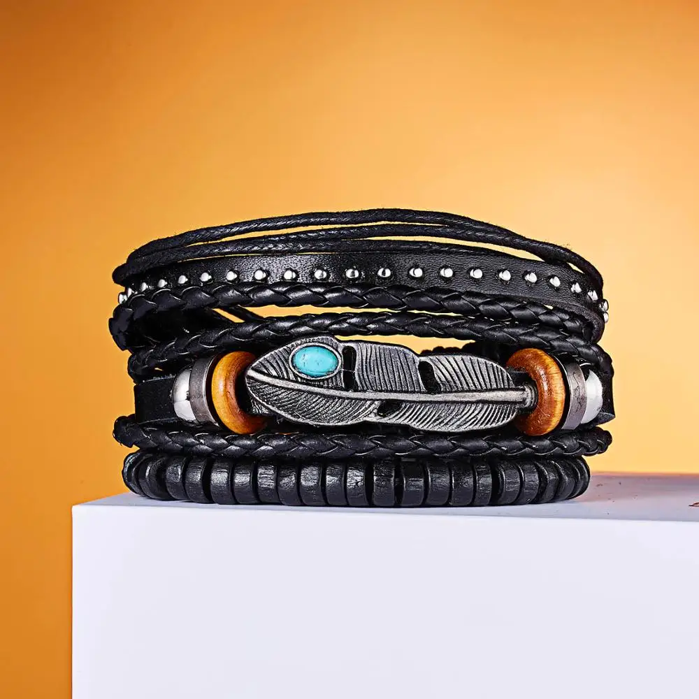 4PCS/SET Vintage Leaf Pendant Rice Beads Adjustable Rope Chain Bracelet Punk Braided Wrap Wristbands For Men Fashion Jewelry