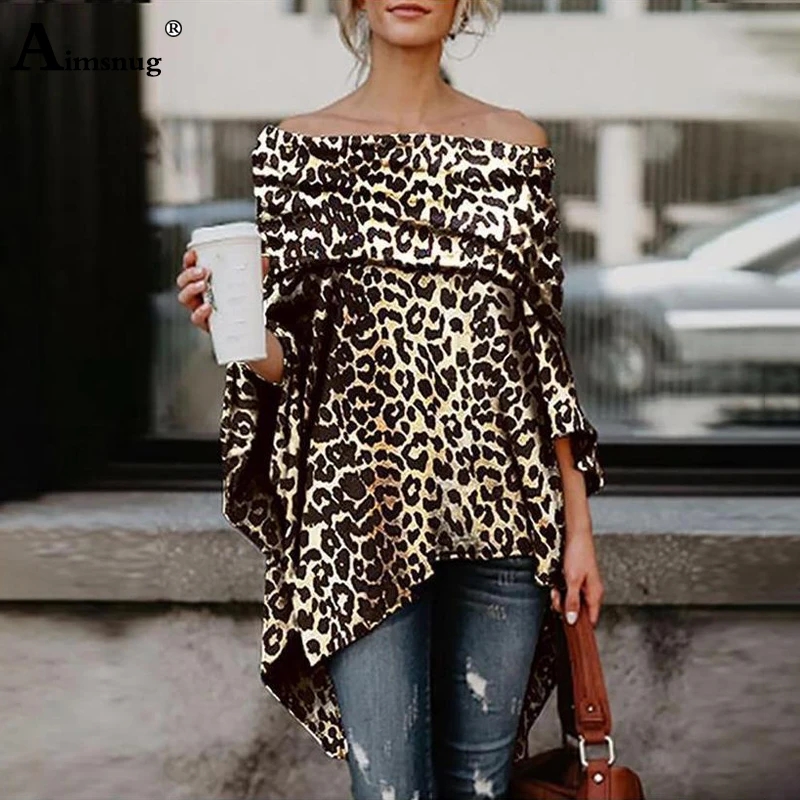 

Aimsnug 2019 Autumn Elegant Casual Tops Women Long T-shirt Slash Neck Off Shoulder Irregular Kimono Hem Cape Female Tee Shirt