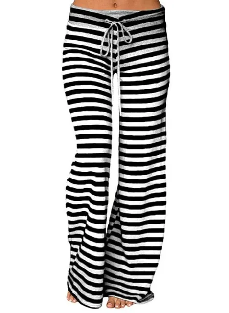 Print Sleep Bottom Women Cotton Long Pant Home Pajamas Soft Slip Summer Pants Drawstring Big Size Sexy Stripe Casual Big Size Black Stripe