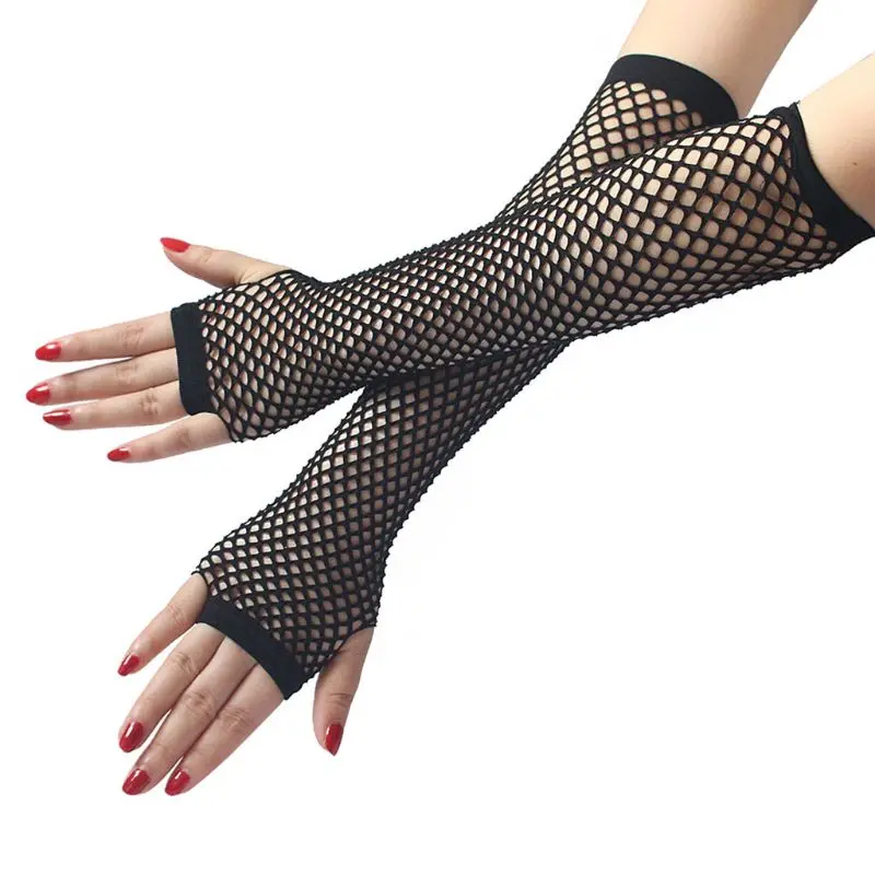 Women Women Punk Gothic Solid Color Fishnet Half Hand Fingerless Long Golves With Thumb Hole  Length Hollow Out Mittens