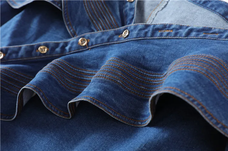 Пикантная женская джинсовая рубашка Осенняя блузка с длинными рукавами и воротником и оборками модная синяя джинсовая блузка женские топы