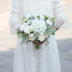 New Pure Colour Ivory Poney with Hydrangea Green Leafs Country Wedding Bouquet Flowers buquê de casamento para noiva cascata