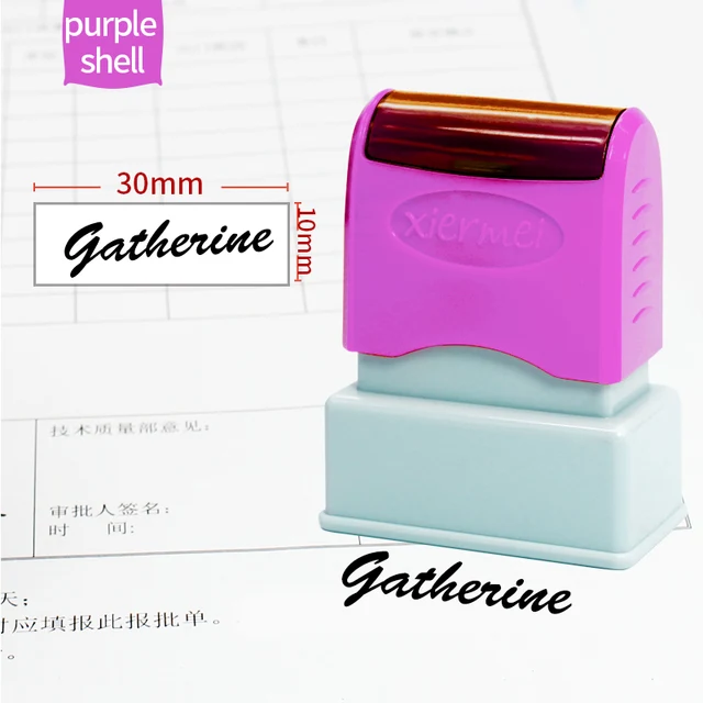 Custom Teacher Name Ink Stamp Signature Calligraphy Selfing-Inking Personalized Letter Stamp For School Student Child Cloths purple  shell