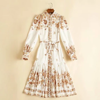 

HIGH STREET Newest Fashion 2020 Designer Runway Dress Women's Stand Collar Lantern Sleeve Sashes Floral Print shirt dress