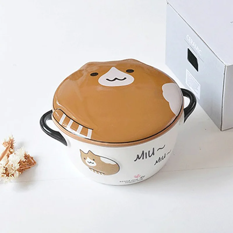 Household Portable Ceramics Cute Cartoon Pattern With Cover Round Anti-slip Instant Noodles Lunch Box Bowl