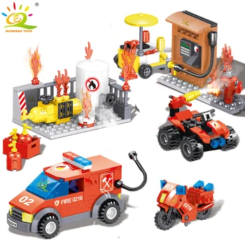 

HUIQIBAO 335pcs Fire Fighting petrol station truck Building Blocks City Firefighter Figures Car Bricks Educational Children Toys