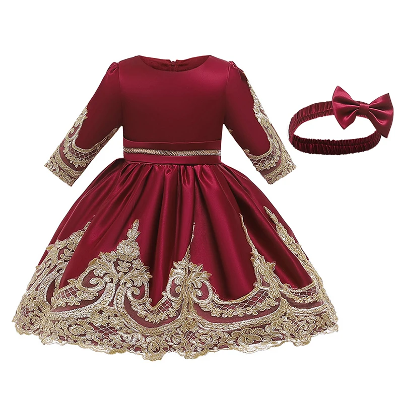 Red wine Эксклюзивное новое платье для девочек из 2 предметов+ повязка на голову, кружевное платье принцессы со средним рукавом красивое платье для сцены, одежда для девочек - Цвет: Red wine